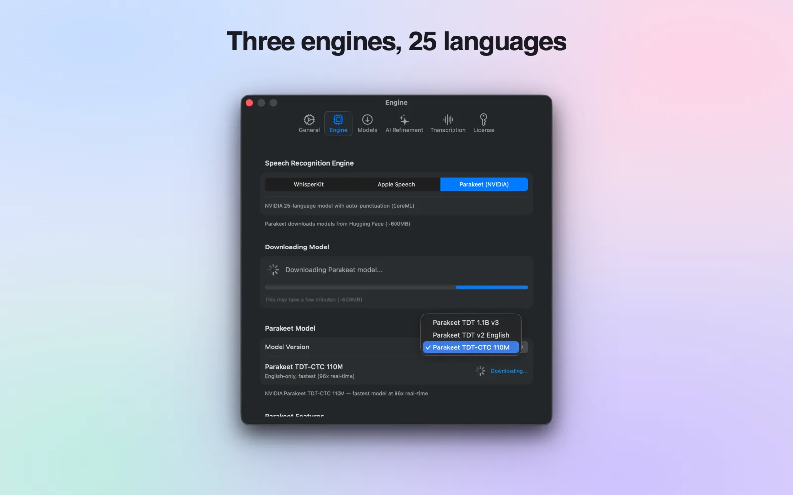MurmurAI WhisperKit Parakeet and Apple Speech engines